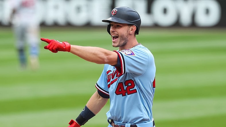 Apr 15, 2021; Minneapolis, Minnesota, USA; Minnesota Twins right fielder Max Kepler celebrates after hitting walk off single against the Boston Red Sox in the ninth inning at Target Field. Mandatory Credit: David Berding-USA TODAY Sports