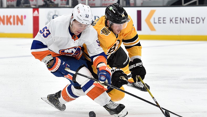 Apr 15, 2021; Boston, Massachusetts, USA; New York Islanders center Casey Cizikas (53) and Boston Bruins right wing Chris Wagner (14) battle for the puck during the first period at TD Garden. Mandatory Credit: Bob DeChiara-USA TODAY Sports