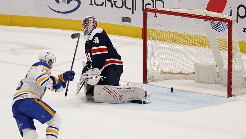 Apr 15, 2021; Washington, District of Columbia, USA; Buffalo Sabres right wing Sam Reinhart (23) celebrates after deflecting the puck past Washington Capitals goaltender Vitek Vanecek (41) in the first period at Capital One Arena. Mandatory Credit: Geoff Burke-USA TODAY Sports
