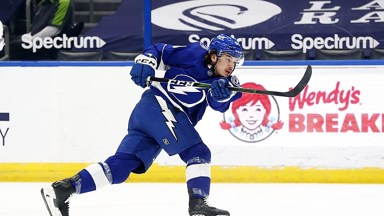 Apr 15, 2021; Tampa, Florida, USA; Tampa Bay Lightning center Alex Barre-Boulet (60) shoots against the Florida Panthers during the first period at Amalie Arena. Mandatory Credit: Kim Klement-USA TODAY Sports