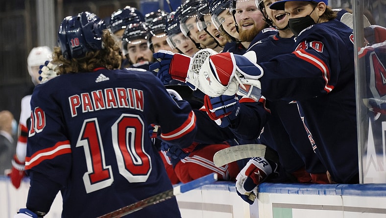 Apr 15, 2021; New York, New York, USA;   Artemi Panarin #10 of the New York Rangers celebrates his goal at 12:51 of the second period against the New Jersey Devils at Madison Square Garden on April 15, 2021 in New York City.Mandatory Credit:  Bruce Bennett/POOL PHOTOS-USA TODAY Sports