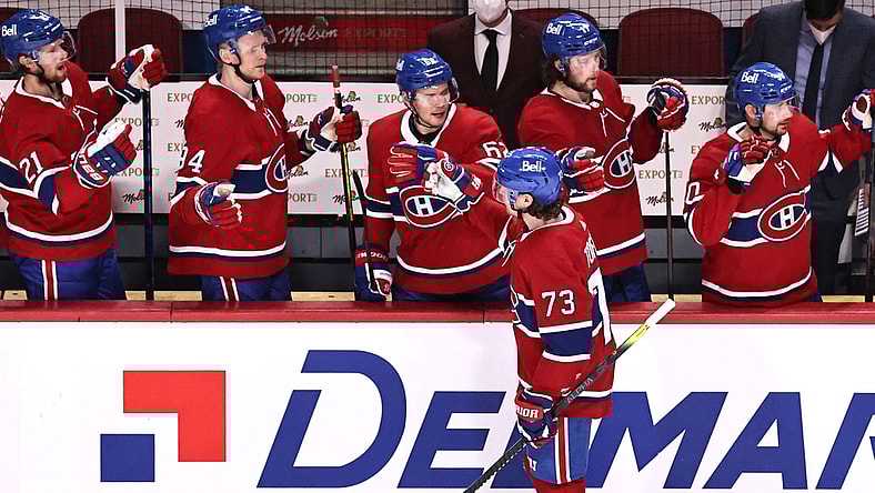Apr 16, 2021; Montreal, Quebec, CAN; Montreal Canadiens right wing Tyler Toffoli (73) celebrates his goal against Calgary Flames with teammates during the second period at Bell Centre. Mandatory Credit: Jean-Yves Ahern-USA TODAY Sports
