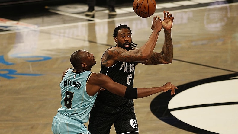 Apr 16, 2021; Brooklyn, New York, USA; Brooklyn Nets center DeAndre Jordan (6) loses the ball to Charlotte Hornets center Bismack Biyombo (8) during the first half at Barclays Center. Mandatory Credit: Andy Marlin-USA TODAY Sports