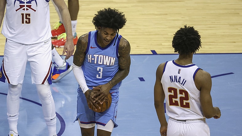 Apr 16, 2021; Houston, Texas, USA; Houston Rockets guard Kevin Porter Jr. (3) reacts after a play during the third quarter against the Denver Nuggets at Toyota Center. Mandatory Credit: Troy Taormina-USA TODAY Sports