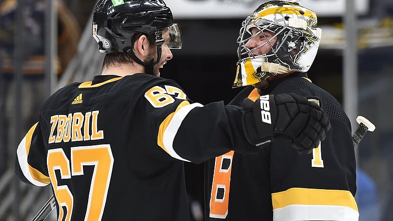 Apr 16, 2021; Boston, Massachusetts, USA; Boston Bruins defenseman Jakub Zboril (67) congratulates goaltender Jeremy Swayman (1) after defeating the New York Islanders at TD Garden. Mandatory Credit: Bob DeChiara-USA TODAY Sports