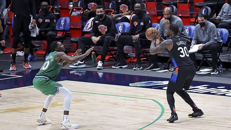 Apr 16, 2021; Dallas, Texas, USA;  New York Knicks forward Julius Randle (30) shoots over Dallas Mavericks forward Dorian Finney-Smith (10) during the second quarter at American Airlines Center. Mandatory Credit: Kevin Jairaj-USA TODAY Sports