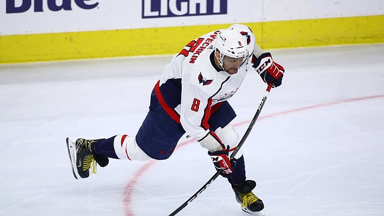 Apr 17, 2021; Philadelphia, Pennsylvania, USA; Washington Capitals left wing Alex Ovechkin (8) takes a shot in the first period against the Philadelphia Flyers at Wells Fargo Center. Mandatory Credit: Kyle Ross-USA TODAY Sports
