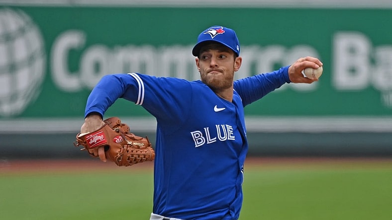 Apr 17, 2021; Kansas City, Missouri, USA;  Toronto Blue Jays starting pitcher Steven Matz (22) delivers a pitch during the first inning against the Kansas City Royals at Kauffman Stadium. Mandatory Credit: Peter Aiken-USA TODAY Sports