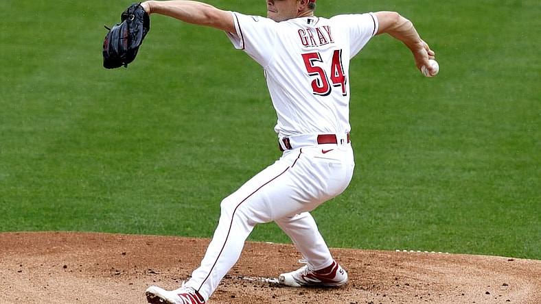 Apr 17, 2021; Cincinnati, Ohio, USA; Cincinnati Reds starting pitcher Sonny Gray (54) throws against the Cleveland Indians during the first inning at Great American Ball Park. Mandatory Credit: David Kohl-USA TODAY Sports
