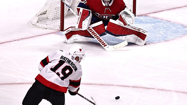Apr 17, 2021; Montreal, Quebec, CAN; Ottawa Senators right wing Drake Batherson (19) shoots against Montreal Canadiens goaltender Carey Price (31) during the second period at Bell Centre. Mandatory Credit: Jean-Yves Ahern-USA TODAY Sports