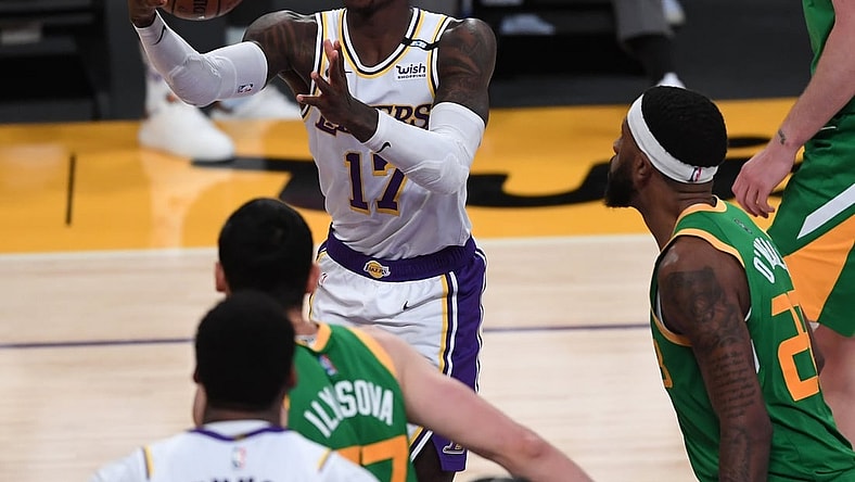 Apr 17, 2021; Los Angeles, California, USA;  Los Angeles Lakers guard Dennis Schroder (17) goes up for a basket in the second half of the game against the Utah Jazz at Staples Center. Mandatory Credit: Jayne Kamin-Oncea-USA TODAY Sports