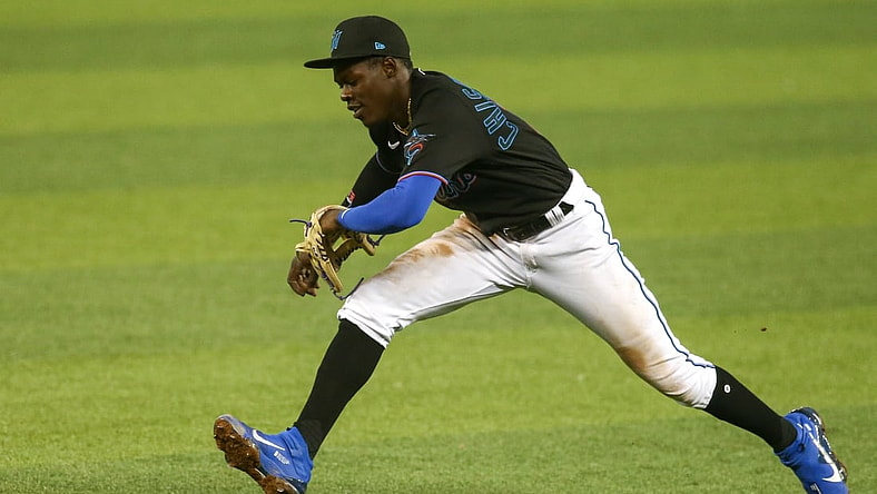Apr 17, 2021; Miami, Florida, USA; Miami Marlins second baseman Jazz Chisholm Jr. (2) plays his position in the fifth inning against the San Francisco Giants at loanDepot park. Mandatory Credit: Sam Navarro-USA TODAY Sports