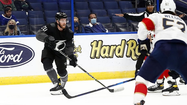 Apr 17, 2021; Tampa, Florida, USA; Tampa Bay Lightning center Blake Coleman (20) skates with the puck against the Florida Panthers during the first period at Amalie Arena. Mandatory Credit: Kim Klement-USA TODAY Sports