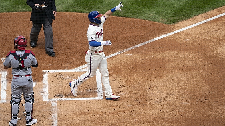 Apr 18, 2021; Philadelphia, Pennsylvania, USA; Philadelphia Phillies right fielder Bryce Harper (3) reacts after hitting a home run against the St. Louis Cardinals during the first inning at Citizens Bank Park. Mandatory Credit: Gregory Fisher-USA TODAY Sports