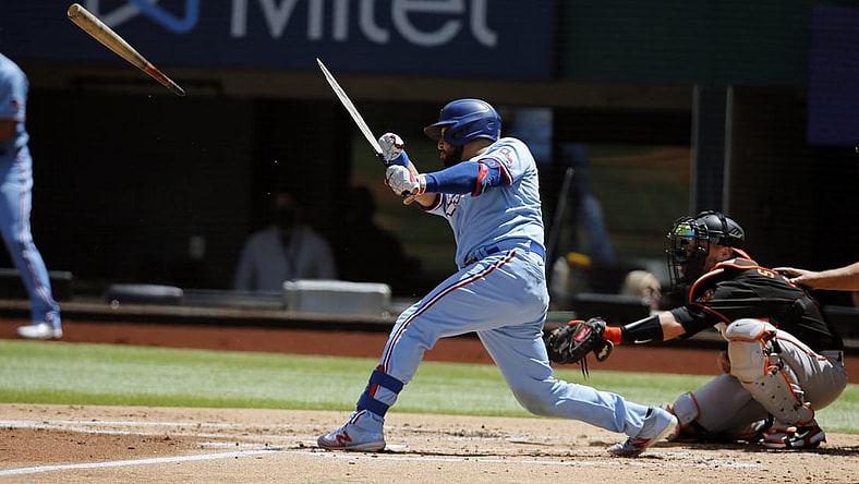 Apr 18, 2021; Arlington, Texas, USA; Texas Rangers catcher Jose Trevino (23) breaks his bat in the second inning against the Baltimore Orioles at Globe Life Field. Mandatory Credit: Tim Heitman-USA TODAY Sports