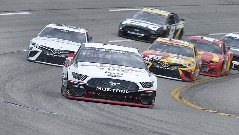 Apr 18, 2021; Richmond, Virginia, USA; NASCAR Cup Series driver Brad Keselowski (2) races during the Toyota Owners 400 at Richmond International Raceway. Mandatory Credit: Amber Searls-USA TODAY Sports