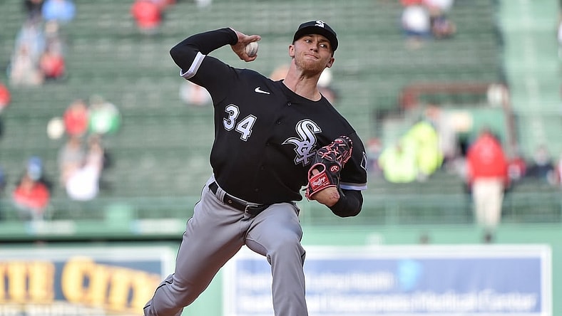 Apr 18, 2021; Boston, Massachusetts, USA; Chicago White Sox starting pitcher Michael Kopech (34) pitches during the first inning in game 2 against the Boston Red Sox at Fenway Park. Mandatory Credit: Bob DeChiara-USA TODAY Sports