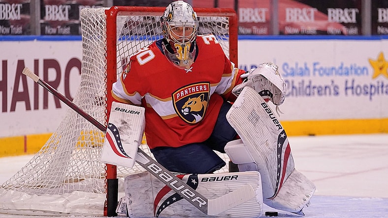 Apr 19, 2021; Sunrise, Florida, USA; Florida Panthers goaltender Spencer Knight (30) warms up prior to the game against the Columbus Blue Jackets at BB&T Center. Mandatory Credit: Jasen Vinlove-USA TODAY Sports