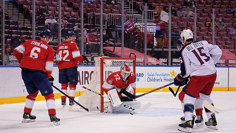 Apr 19, 2021; Sunrise, Florida, USA; Florida Panthers goaltender Sergei Bobrovsky (72) blocks the shot against the Columbus Blue Jackets during the first period at BB&T Center. Mandatory Credit: Jasen Vinlove-USA TODAY Sports