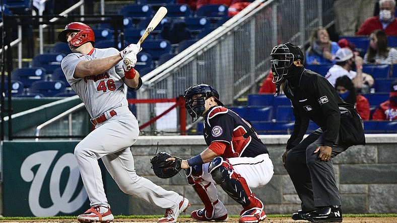 Apr 19, 2021; Washington, District of Columbia, USA;  St. Louis Cardinals first baseman Paul Goldschmidt (46) hits a solo home run during the third inning against the Washington Nationals at Nationals Park. Mandatory Credit: Tommy Gilligan-USA TODAY Sports