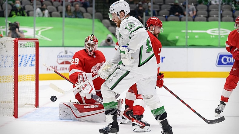 Apr 19, 2021; Dallas, Texas, USA; Dallas Stars center Joe Pavelski (16) attempts to redirect the puck past Detroit Red Wings goaltender Thomas Greiss (29) during the second period at the American Airlines Center. Mandatory Credit: Jerome Miron-USA TODAY Sports