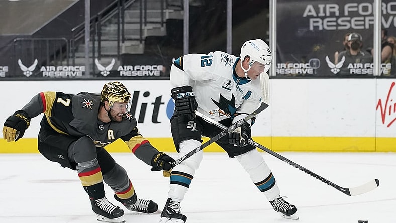 Apr 19, 2021; Las Vegas, Nevada, USA;  San Jose Sharks center Patrick Marleau (12) skates around Vegas Golden Knights defenseman Alex Pietrangelo (7) during the first period at T-Mobile Arena. Mandatory Credit:  John Locher/POOL PHOTOS-USA TODAY Sports