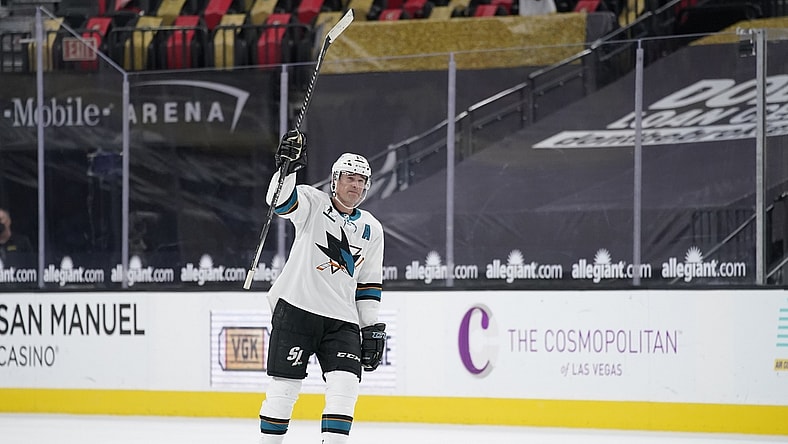 Apr 19, 2021; Las Vegas, Nevada, USA;  San Jose Sharks center Patrick Marleau (12) reacts after an NHL hockey game against the Vegas Golden Knights at T-Mobile Arena. Marleau passed Gordie Howe for most NHL games played on Monday. Mandatory Credit:  John Locher/POOL PHOTOS-USA TODAY Sports