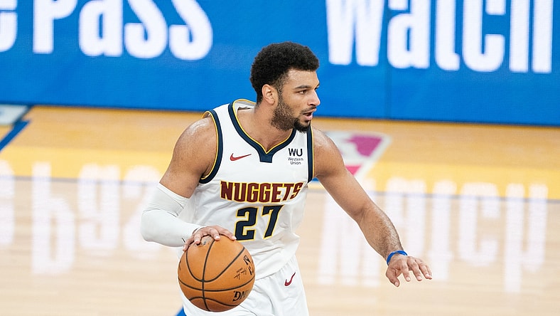 April 12, 2021; San Francisco, California, USA; Denver Nuggets guard Jamal Murray (27) during the first quarter against the Golden State Warriors at Chase Center. Mandatory Credit: Kyle Terada-USA TODAY Sports