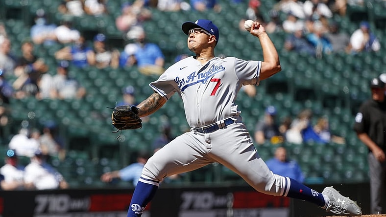 Apr 20, 2021; Seattle, Washington, USA; Los Angeles Dodgers starting pitcher Julio Urias (7) throws against the Seattle Mariners during the third inning at T-Mobile Park. Mandatory Credit: Joe Nicholson-USA TODAY Sports