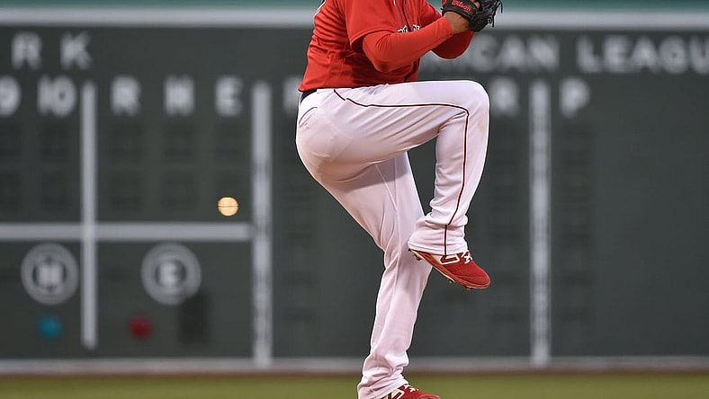Apr 20, 2021; Boston, Massachusetts, USA;  Boston Red Sox starting pitcher Eduardo Rodriguez (57) pitches during the first inning against the Toronto Blue Jays at Fenway Park. Mandatory Credit: Bob DeChiara-USA TODAY Sports