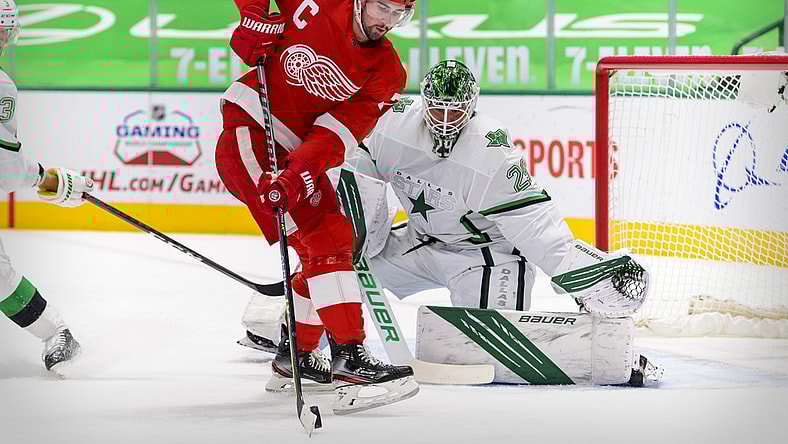 Apr 20, 2021; Dallas, Texas, USA; Dallas Stars goaltender Jake Oettinger (29) defends against Detroit Red Wings center Dylan Larkin (71) during the first period at the American Airlines Center. Mandatory Credit: Jerome Miron-USA TODAY Sports