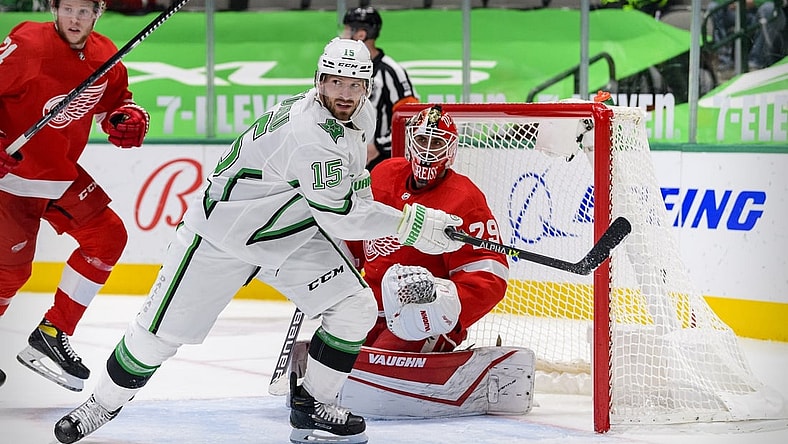 Apr 20, 2021; Dallas, Texas, USA; Dallas Stars left wing Blake Comeau (15) skates in front of Detroit Red Wings goaltender Thomas Greiss (29) during the second period at the American Airlines Center. Mandatory Credit: Jerome Miron-USA TODAY Sports