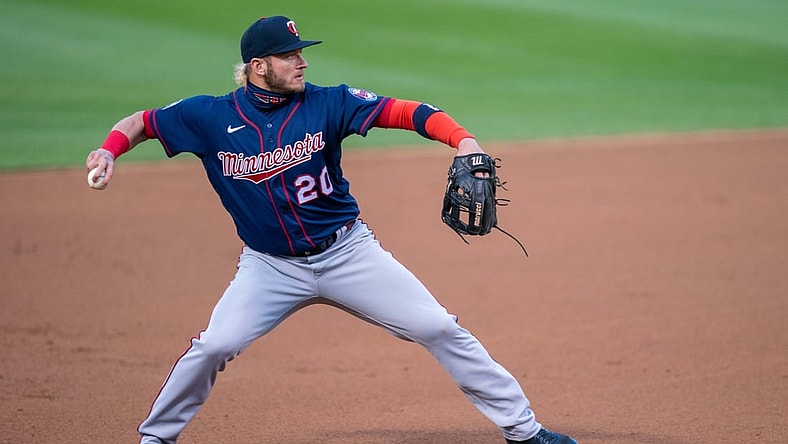 Apr 20, 2021; Oakland, California, USA; Minnesota Twins third baseman Josh Donaldson (20) throws out Oakland Athletics center fielder Ramon Laureano (not pictured) during the third inning at RingCentral Coliseum. Mandatory Credit: Neville E. Guard-USA TODAY Sports