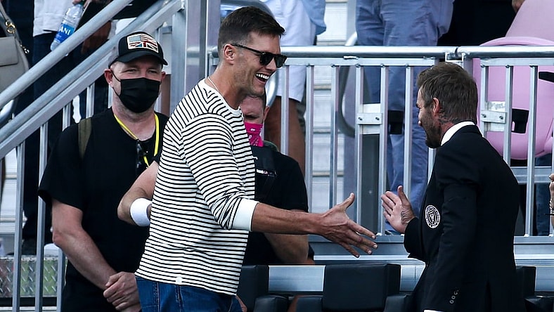 Apr 18, 2021; Fort Lauderdale, FL, Fort Lauderdale, FL, USA; Inter Miami CF owner David Beckham greets Tampa Bay Buccaneers quarterback Tom Brady prior the game between Inter Miami CF and Los Angeles Galaxy at DRV PNK Stadium. Mandatory Credit: Sam Navarro-USA TODAY Sports
