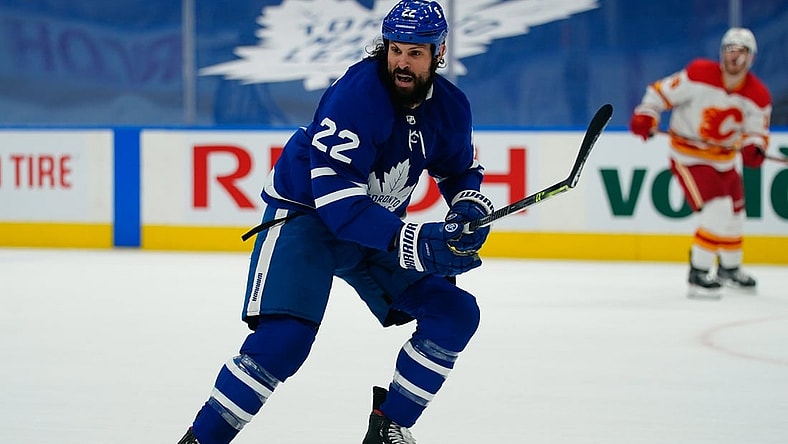 Apr 13, 2021; Toronto, Ontario, CAN; Toronto Maple Leafs defenseman Zach Bogosian (22) skates against the Calgary Flames during the second period at Scotiabank Arena. Mandatory Credit: John E. Sokolowski-USA TODAY Sports