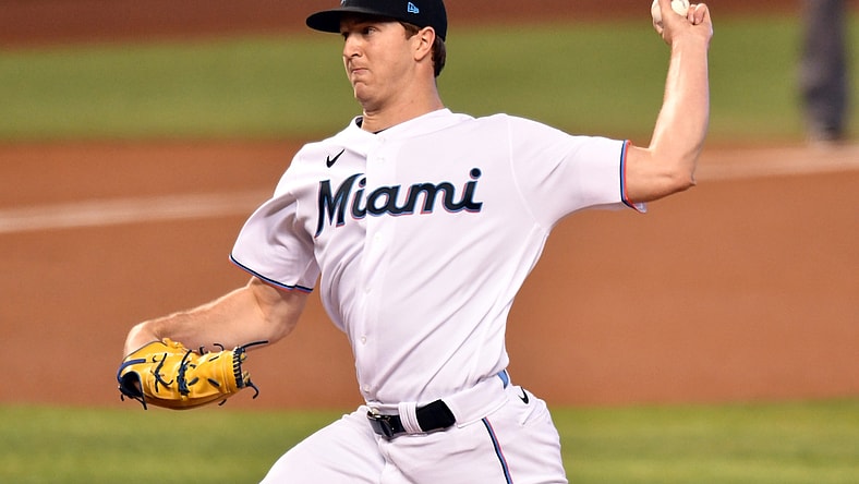 Apr 21, 2021; Miami, Florida, USA; Miami Marlins starting pitcher Trevor Rogers (28) pitches against the Baltimore Orioles in the first inning at loanDepot Park. Mandatory Credit: Jim Rassol-USA TODAY Sports