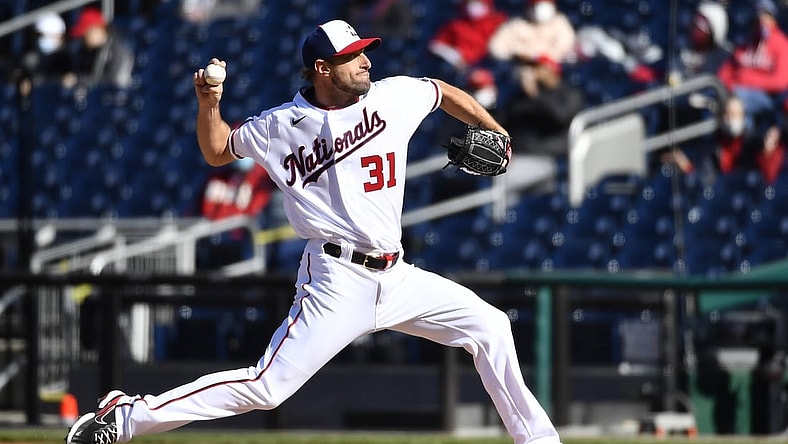 Apr 21, 2021; Washington, District of Columbia, USA; Washington Nationals starting pitcher Max Scherzer (31) throws to the St. Louis Cardinals during the second inning at Nationals Park. Mandatory Credit: Brad Mills-USA TODAY Sports