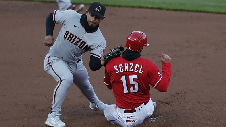 Apr 21, 2021; Cincinnati, Ohio, USA; Cincinnati Reds center fielder Nick Senzel (15) is tagged out caught stealing second by Arizona Diamondbacks second baseman Eduardo Escobar (5) during the  second inning at Great American Ball Park. Mandatory Credit: David Kohl-USA TODAY Sports