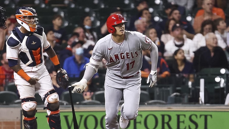Apr 22, 2021; Houston, Texas, USA; Los Angeles Angels designated hitter Shohei Ohtani (17) looks up after hitting a fly ball during the third inning against the Houston Astros at Minute Maid Park. Mandatory Credit: Troy Taormina-USA TODAY Sports