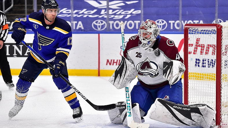 Apr 22, 2021; St. Louis, Missouri, USA;  Colorado Avalanche goaltender Devan Dubnyk (40) makes a save as St. Louis Blues left wing Jaden Schwartz (17) looks for the rebound during the third period at Enterprise Center. Mandatory Credit: Jeff Curry-USA TODAY Sports
