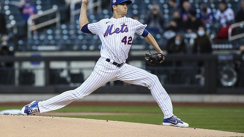 Apr 23, 2021; New York City, New York, USA; New York Mets pitcher Jacob deGrom pitches in the first inning against the Washington Nationals at Citi Field. Mandatory Credit: Wendell Cruz-USA TODAY Sports