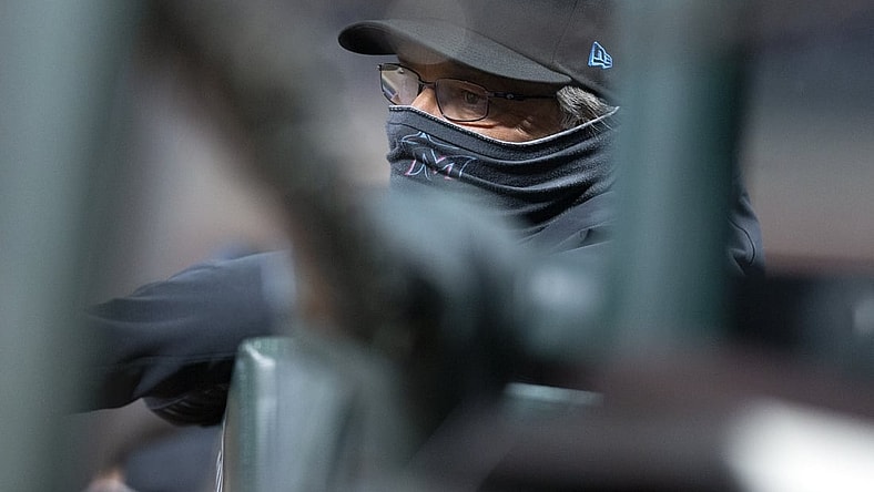 Apr 23, 2021; San Francisco, California, USA; Miami Marlins manager Don Mattingly watches his team take on the San Francisco Giants during the sixth inning at Oracle Park. Mandatory Credit: D. Ross Cameron-USA TODAY Sports