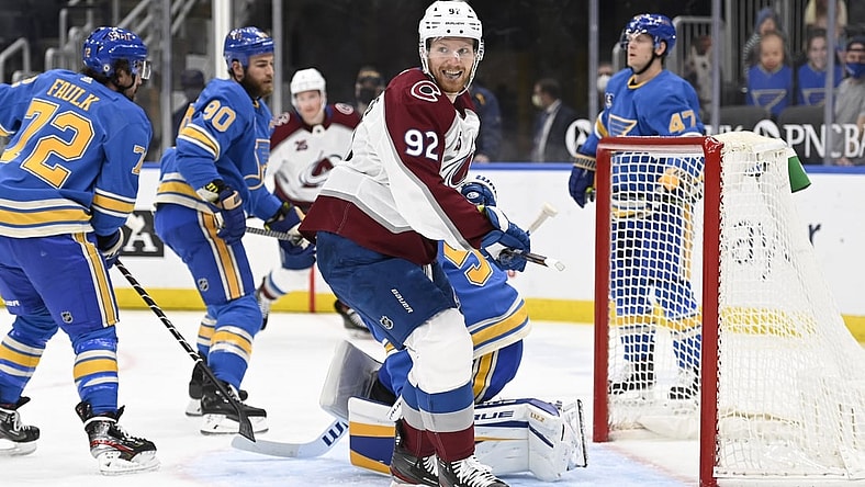 Apr 24, 2021; St. Louis, Missouri, USA; Colorado Avalanche left wing Gabriel Landeskog (92) reacts after scoring a goal against the against the St. Louis Blues in the first period at Enterprise Center. Mandatory Credit: Jeff Le-USA TODAY Sports