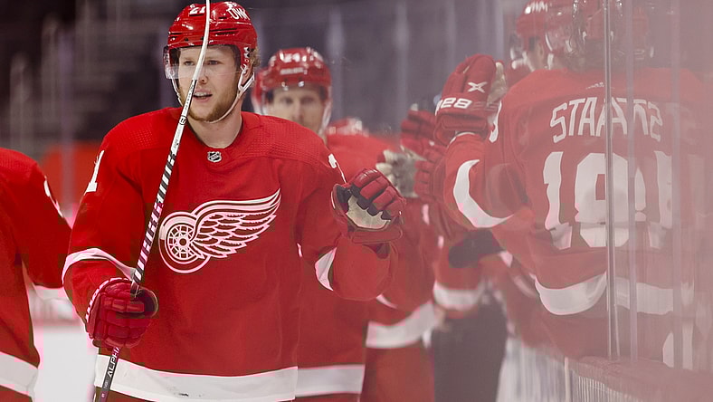 Apr 24, 2021; Detroit, Michigan, USA; Detroit Red Wings defenseman Dennis Cholowski (21) is congratulated by teammates after scoring against the Dallas Stars in the first period at Little Caesars Arena. Mandatory Credit: Rick Osentoski-USA TODAY Sports