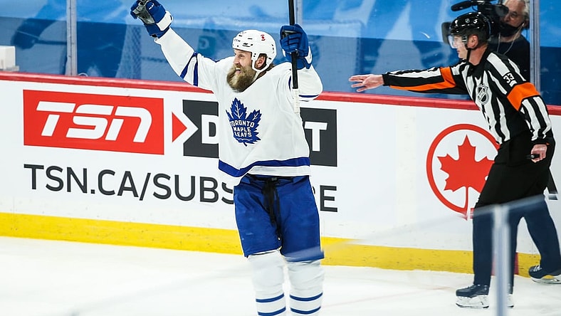 Apr 24, 2021; Winnipeg, Manitoba, CAN;  Toronto Maple Leafs forward Joe Thorton (97) celebrates after scoring a goal against the Winnipeg Jets during the first period at Bell MTS Place. Mandatory Credit: Terrence Lee-USA TODAY Sports