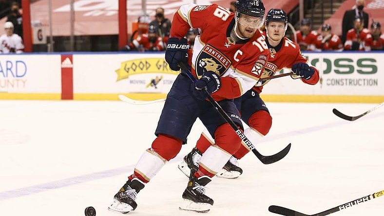 Apr 24, 2021; Sunrise, Florida, USA; Florida Panthers center Aleksander Barkov (16) skates with the puck against the Carolina Hurricanes during the second period at BB&T Center. Mandatory Credit: Sam Navarro-USA TODAY Sports