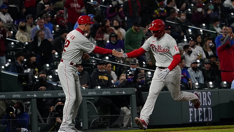 Apr 24, 2021; Denver, Colorado, USA; Philadelphia Phillies first baseman Rhys Hoskins (17) celebrates his second home run at Coors Field. Mandatory Credit: Michael Madrid-USA TODAY Sports
