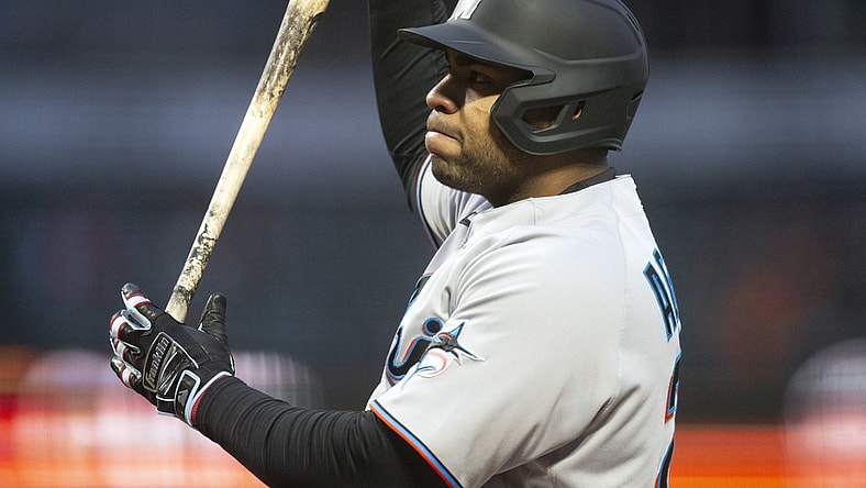 Apr 24, 2021; San Francisco, California, USA; Miami Marlins first baseman Jesus Aguilar (24) reacts to striking out during the sixth inning of a Major League Baseball game against the San Francisco Giants at Oracle Park. Mandatory Credit: D. Ross Cameron-USA TODAY Sports