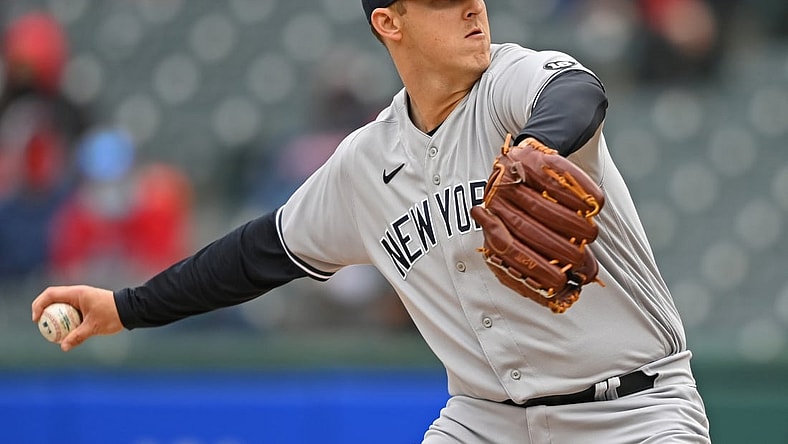 Apr 25, 2021; Cleveland, Ohio, USA; New York Yankees starting pitcher Jameson Taillon (50) throws a pitch during the first inning against the Cleveland Indians at Progressive Field. Mandatory Credit: David Dermer-USA TODAY Sports