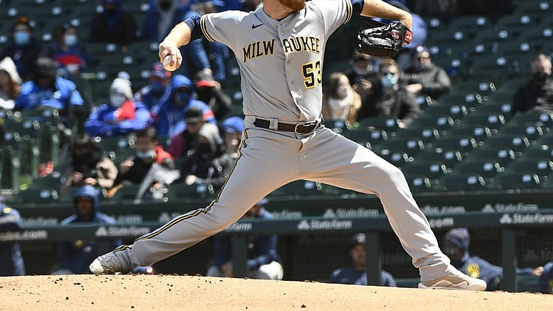 Apr 25, 2021; Chicago, Illinois, USA;  Apr 25, 2021; Chicago, Illinois, USA; Milwaukee Brewers starting pitcher Brandon Woodruff (53) delivers in the first inning against Chicago Cubs at Wrigley Field. Mandatory Credit: Matt Marton-USA TODAY Sportsat Wrigley Field. Mandatory Credit: Matt Marton-USA TODAY Sports